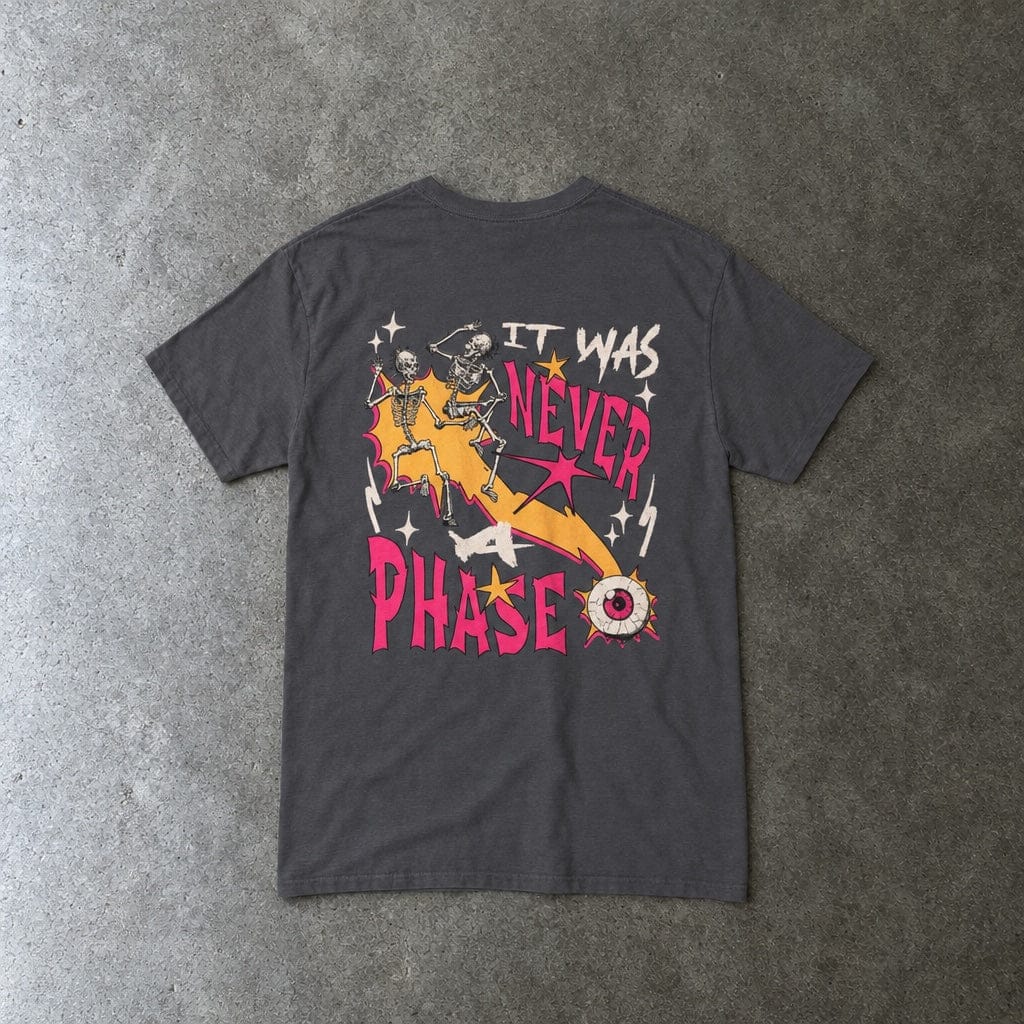 Still Emo Eyeball Tee in charcoal, laid flat, back view