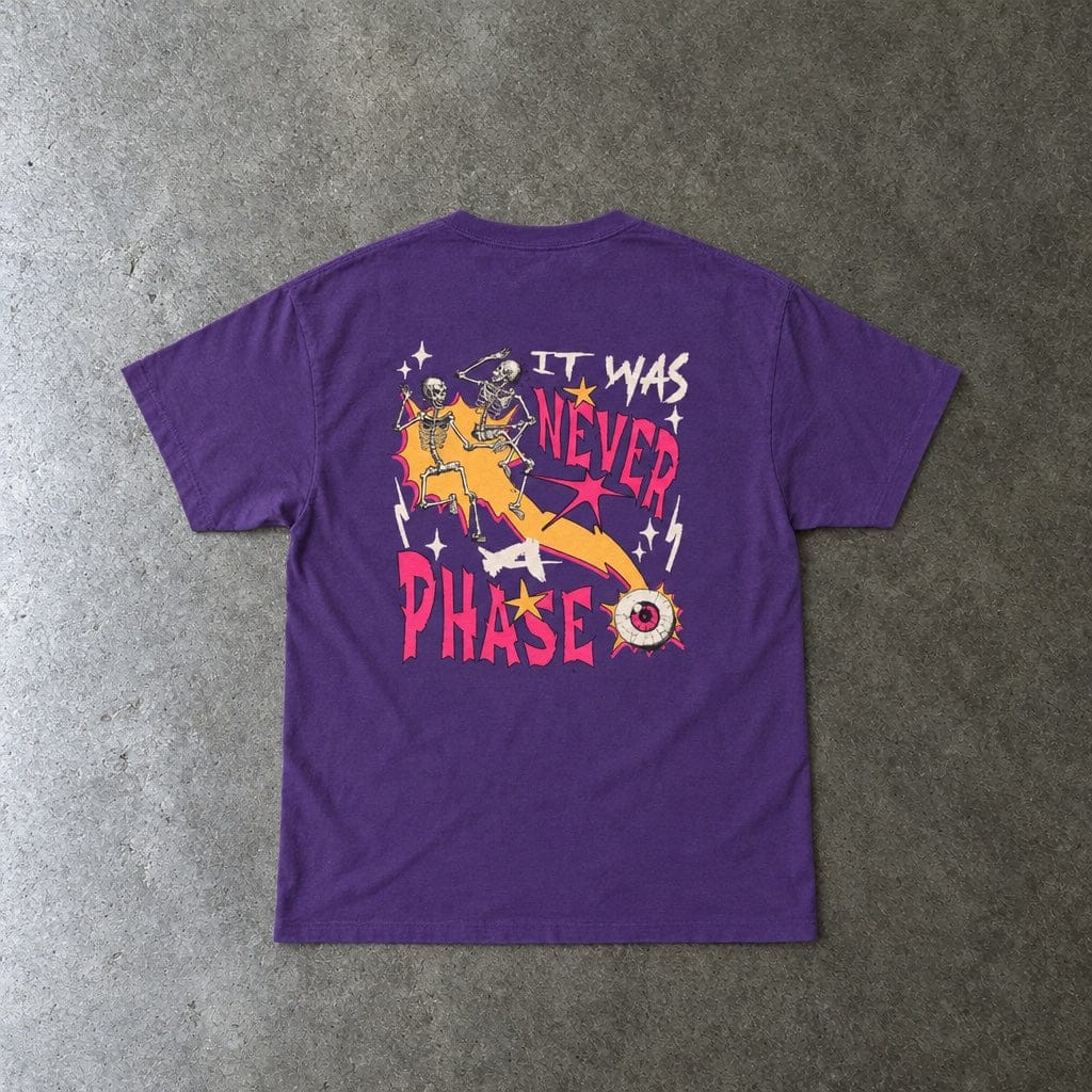 Still Emo Eyeball Tee in purple, laid flat, back view