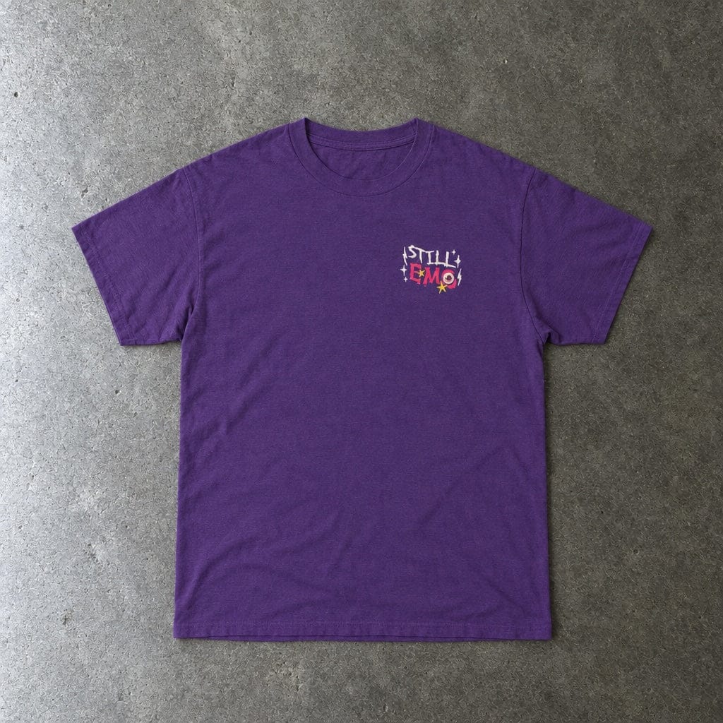 Still Emo Eyeball Tee in purple, laid flat