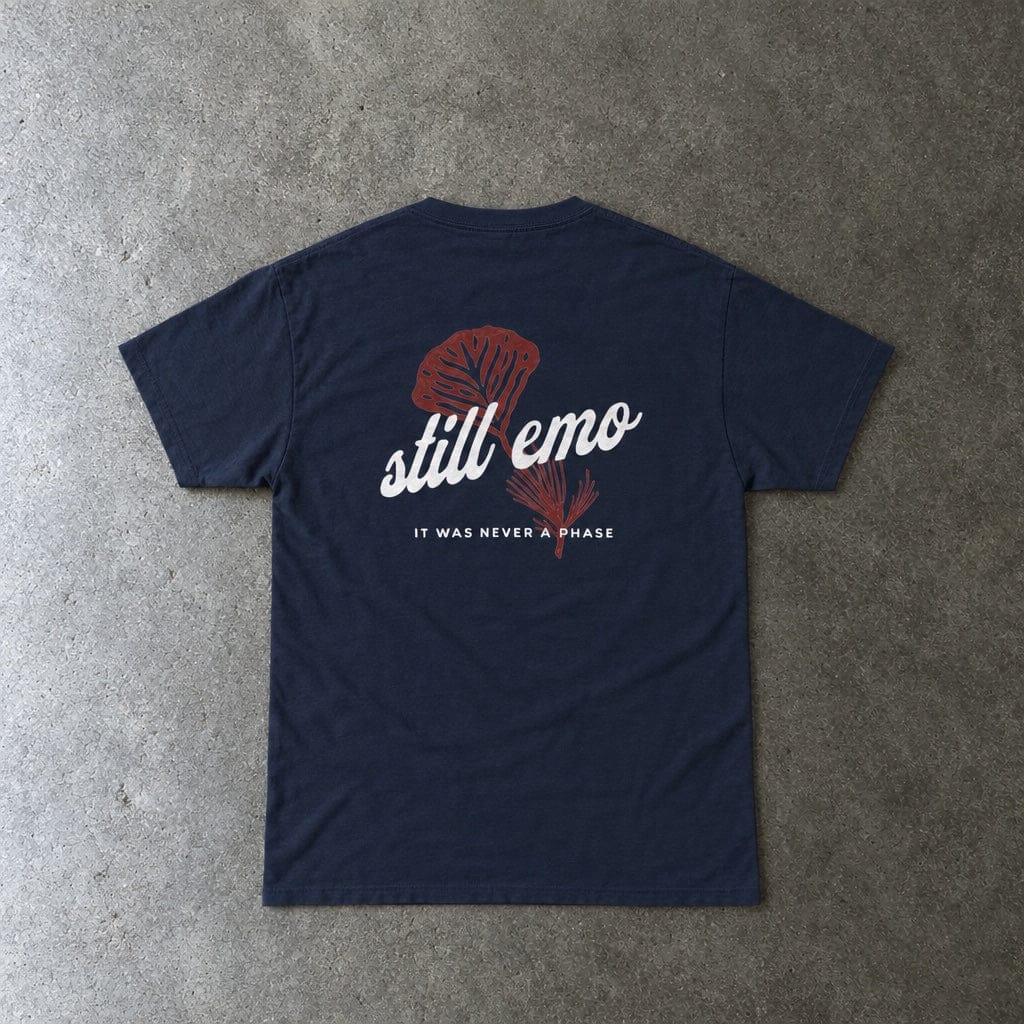 Still Emo Flower Tee in navy, laid flat, back view