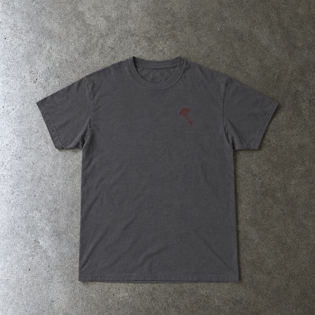 Still Emo Flower Tee in charcoal, laid flat