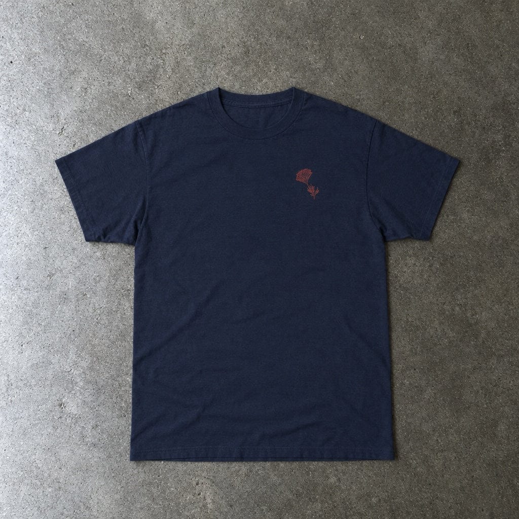 Still Emo Flower Tee in navy, laid flat