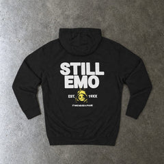 Still Emo Never a Phase Hoodie in black, laid flat, back view