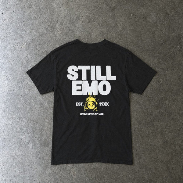 Still Emo Never A Phase Tee in black, laid flat, back view
