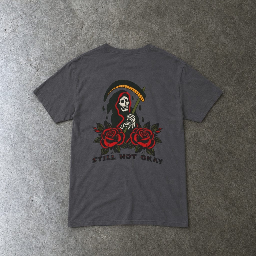 Still Not Okay Tee in charcoal, laid flat, back view