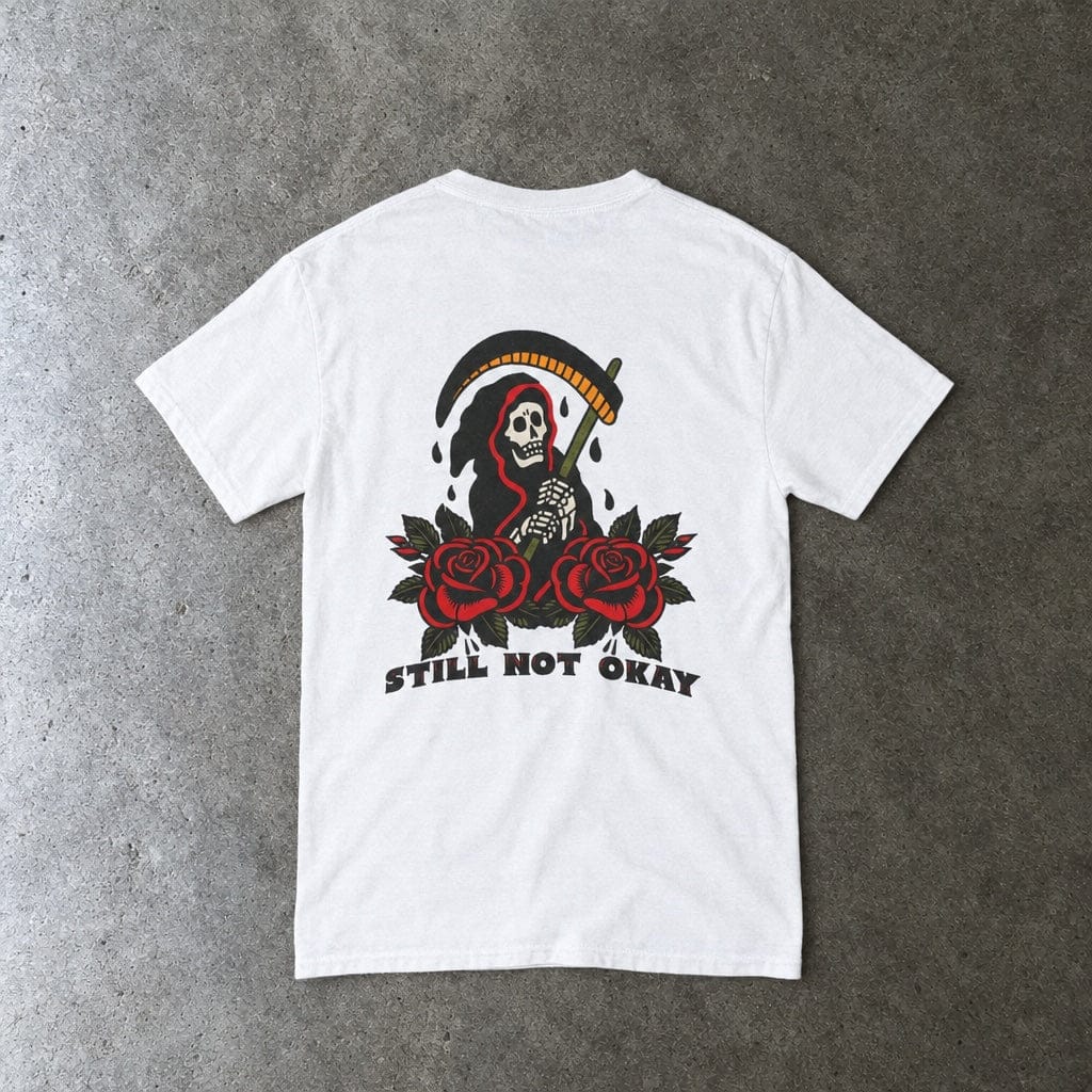 Still Not Okay Tee in white, laid flat, back view